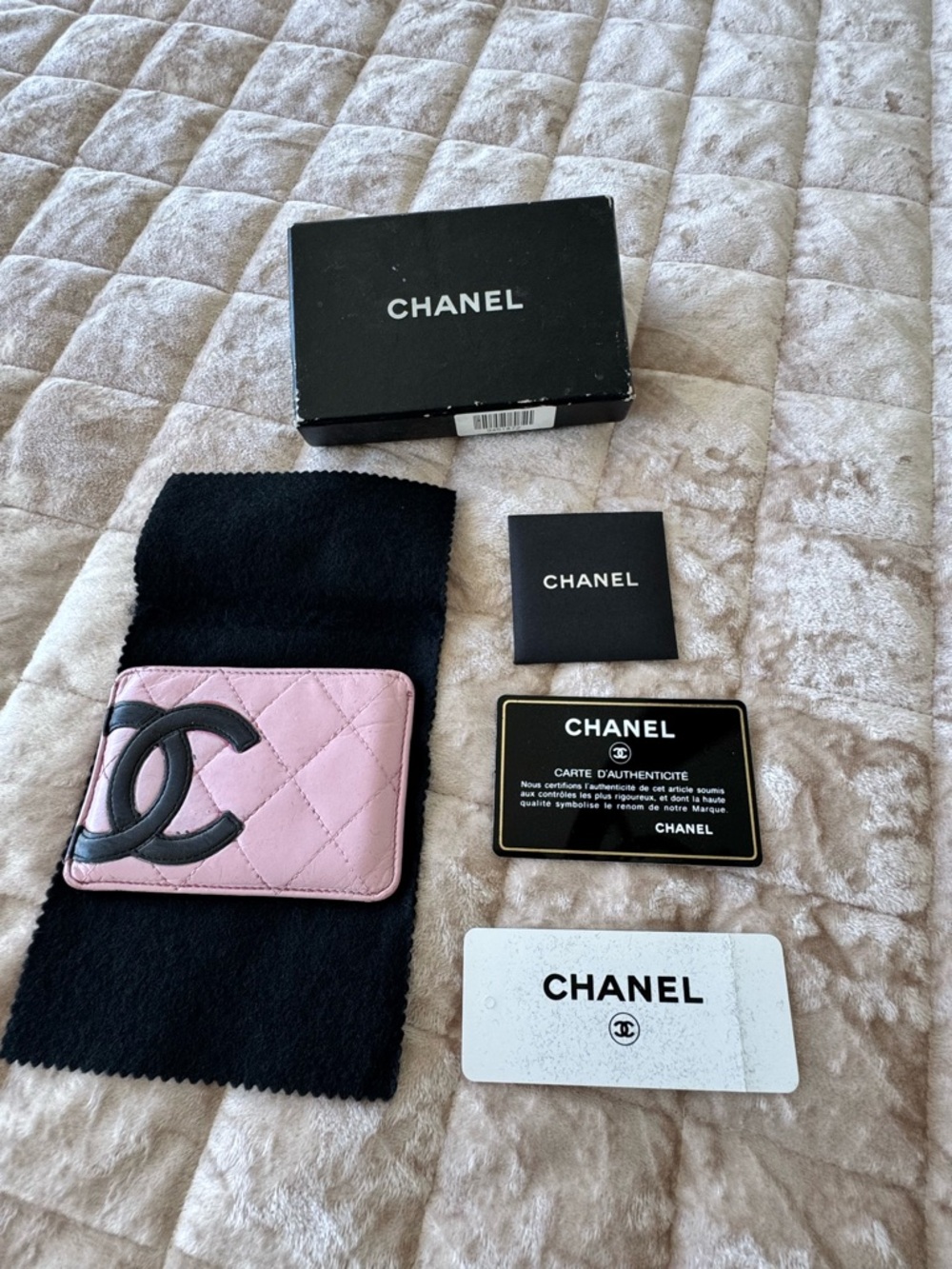 CHANEL Pink Quilted Leather Card Holder with Black CC Emblem